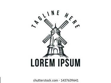 hand drawn wind mill, vintage logo design