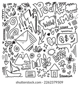 Hand drawn wind, swoops, emphasis, Arrow, cloud, line, hill. doodle sketch design elements.