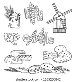Hand drawn windmill and bread. Vector sketch  illustration.