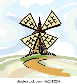 Hand drawn windmill cartoon, with thick black marker lines
