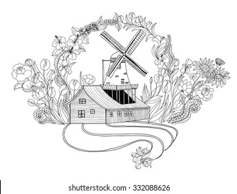hand drawn windmill house and blooming flower