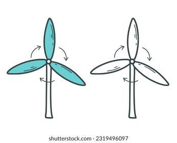 Molino de viento dibujado a mano, ilustración aislada. Esbozo simple de turbina eólica. Uso de los recursos naturales, concepto. Energía limpia del viento, estilo de boceto de garabatos, vector