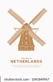 Hand drawn windmill on white background with inscription Welcome to Netherlands. Symbol of the Netherlands. Can be used for postcards and tourist booklets. Vector illustration.