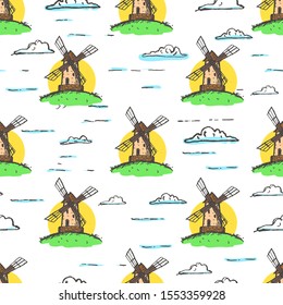 Hand Drawn Windmill Seamless Pattern Background. Vector illustration