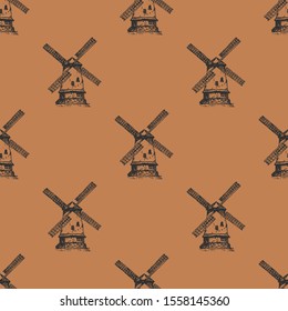 Hand Drawn Windmill Seamless Pattern Background. Vector illustration