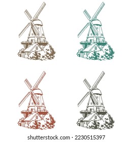 Hand Drawn Windmill In The Village Vector Illustration
