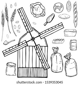 Hand drawn windmill and wheat flour. Vector sketch  illustration.