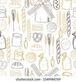 Hand drawn windmill,  wheat flour and bread. Vector seamless pattern  