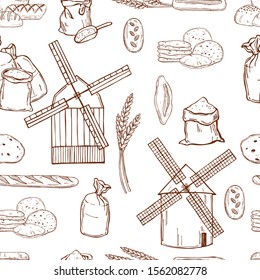 Hand drawn windmill,  wheat flour and bread. Vector seamless pattern  