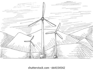 Molinos de viento dibujados a mano sobre el fondo de las montañas. Ilustración vectorial de un estilo de esbozo.