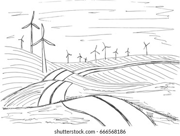 Hand drawn windmills on the background of mountains. Vector illustration of a sketch style.