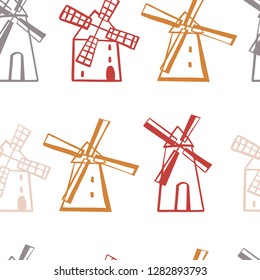 Hand drawn windmills. Vector  seamless pattern