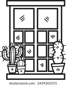 Hand Drawn Window and cactus in flat style isolated on background