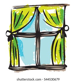 hand drawn window with curtains in color isolated on white background. vector illustration.