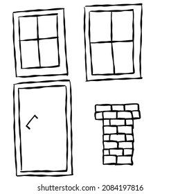 Hand drawn windows, door and brick chimney. Doodle illustration. Relaxing art therapy. Simple elements isolated on white background