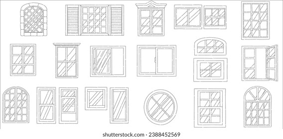 Hand drawn windows line art icon set collection