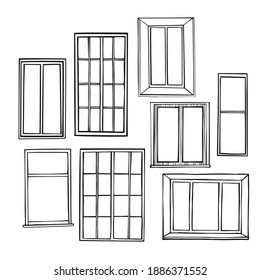 Hand drawn windows on white background.  Vector sketch  illustration.