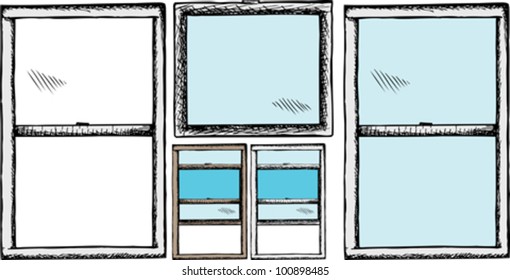 Hand drawn windows for opening and closing over white background