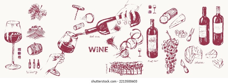 Fondo de vino dibujado a mano. Botella de vino, copas de vino, bocadillo, queso, uvas, viñas, corcho, chuletero, manchas de vino.
