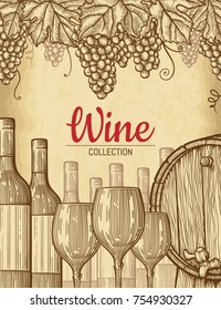 Hand drawn wine background. Editable elements mask. Old paper texture background. Engraved style vector illustration. Template for your design works.