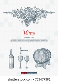 Hand drawn wine background. Engraved style vector illustration. Template for your design works.