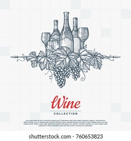 Hand drawn wine background. Engraved style vector illustration. Template for your design works.