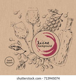 Hand drawn wine background. Ink sketch of wine bottle, glasses, grapes, leaves on craft brown paper with glass prints. Wine list or drinks menu design.