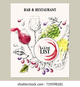Hand drawn wine background. Ink sketch of wine glasses, bottle with red watercolor stains and grape berries. For wine list and restaurant menu design.