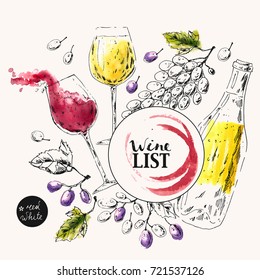 handgezeichnet weinhintergrund. Tintenskizze der Weingläser, Flasche, mit Aquarellflecken und Traubenbeeren. Für Weinkarte oder Speisekarte Design.