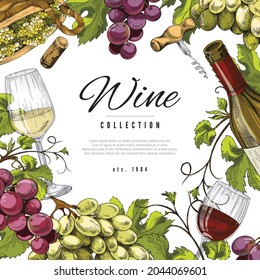 Hand drawn wine background or label with grape bunches and glasses of red wine, engraving sketch style vector illustration. Winery production label design.