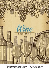 Hand drawn wine background. Old craft paper texture background. Engraved style vector illustration. Template for your design works.