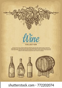 Hand drawn wine background. Old craft paper texture background. Engraved style vector illustration. Template for your design works.