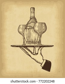 Hand drawn wine background. Old craft paper texture background. Engraved style vector illustration. Template for your design works.