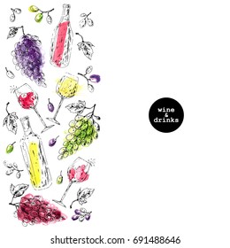 Hand drawn wine background with vertical pattern of grapes, leaves, wine glasses and bottles. Ink sketch with colorful watercolor stains. Vineyard, wine list or tasting flyer design.