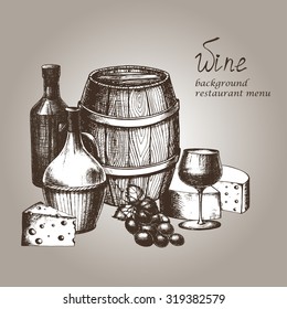 handgezeichneter Weinhintergrund im Vintage-Skizzenstil, Vektorillustration