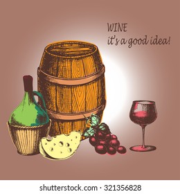 Hand drawn  wine background in vintage sketch style, vector illustration