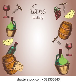 Hand drawn  wine background in vintage sketch style, vector illustration