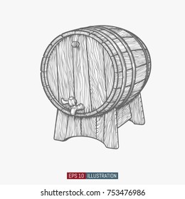 Hand drawn wine barrel. Engraved style vector illustration. Template for your design works.