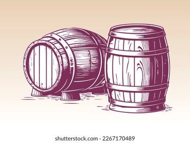 Hand drawn wine, beer, whisky, rum, bourbon barrel illustration. Vintage engraving style woodcut vector illustration Eps 10