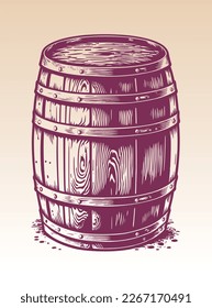 Vino tachado a mano, cerveza, whisky, ron, ilustración de barril bourbon. Ilustración vectorial de carpintería estilo grabado de vestuario Eps 10