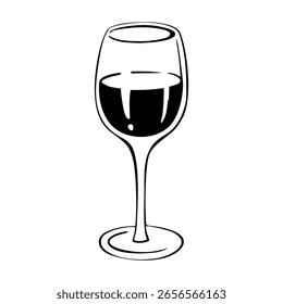 Hand drawn wine. Bold line vector illustration doodle style isolated on white background. Bottle of wine and glass of wine.