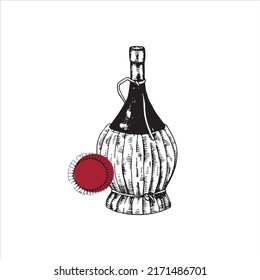 Hand drawn wine bottle. Black and white pictures on a white background. Antique vintage sketch for design.