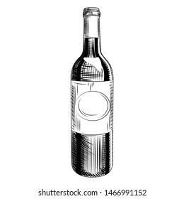 Hand drawn wine bottle. Engraving style. Isolated obects on white background. Vector illustration