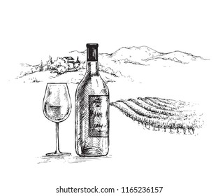 Hand drawn wine bottle and glass on rural scene background with vineyard. Monochrome rustic landscape illustration. Vector sketch.