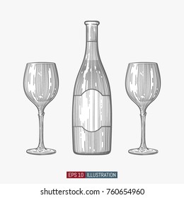 Hand drawn wine bottle and glasses. Engraved style vector illustration. Template for your design works.
