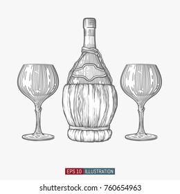 Hand drawn wine bottle and glasses. Engraved style vector illustration. Template for your design works.
