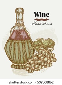 Hand drawn wine bottle with grape vintage. Vector sketch