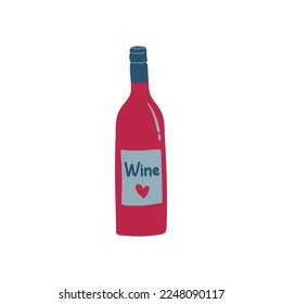 Hand drawn wine bottle. Wine lettering and heart on the label. Happy Wine Day concept icon. Vector design element.