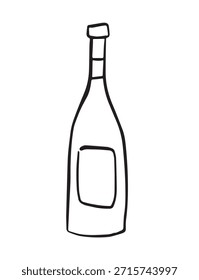 Ilustración de línea de botella de vino dibujado a mano. Esbozo mínimo de bebidas alcohólicas en blanco y negro, icono de botella de Doodle simple con corcho. Diseño de Menús, Branding de Bodegas, Etiquetas y Embalajes, celebración