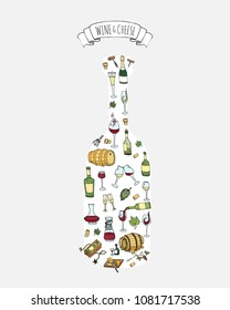 Hand drawn wine bottle set Vector illustration Sketchy wine tasting elements collection Objects Cartoon Drink symbols Vineyard background Alcohol background Winery illustration Grape, Glass, Bottle